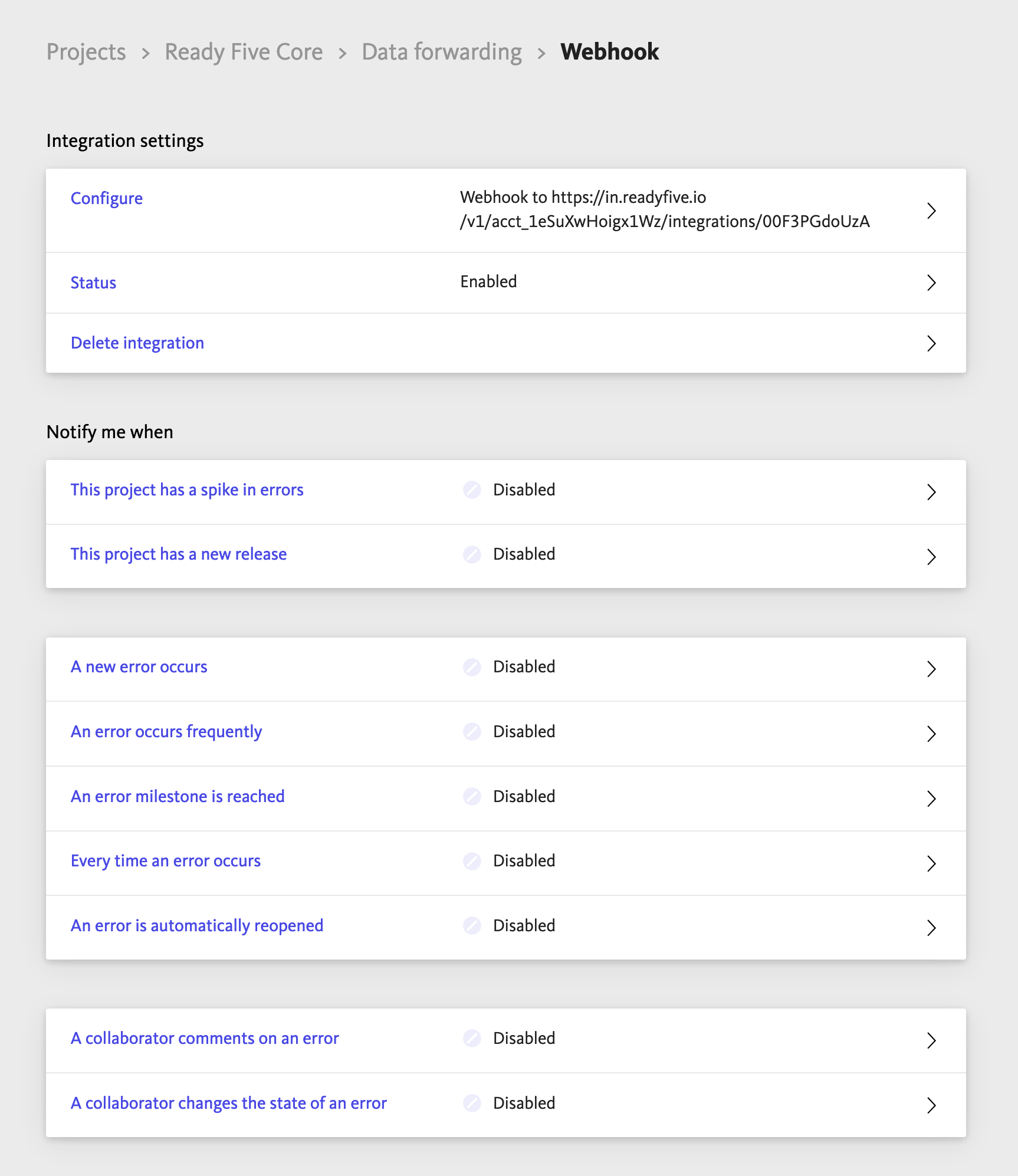 Integration settings