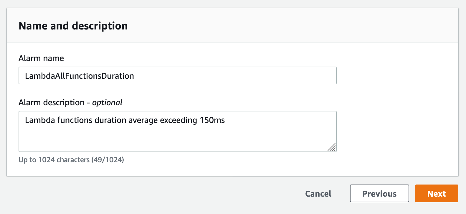 CloudWatch alarm name and description