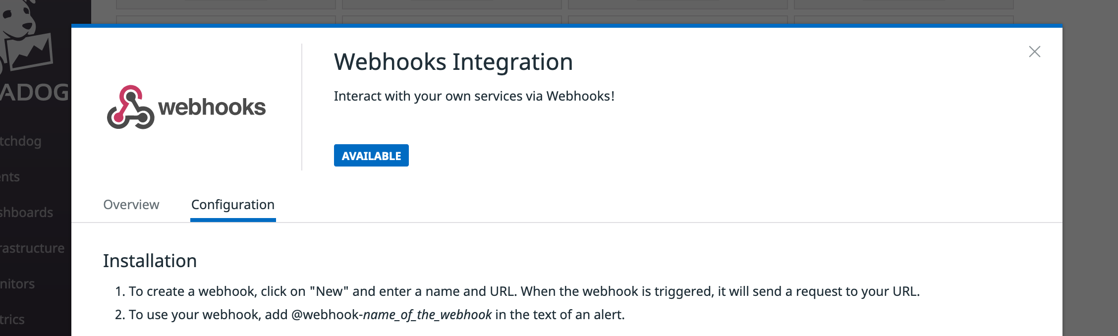 Webhooks integration screen