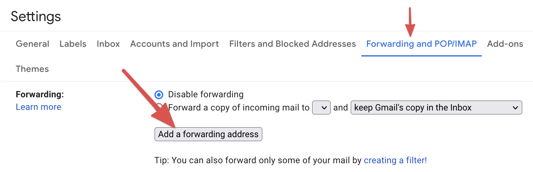 Edit Gmail forwarding settings