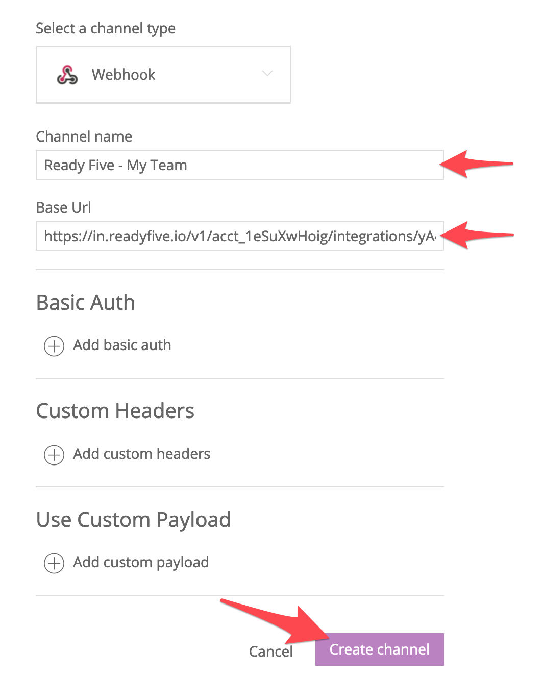 Webhook channel form