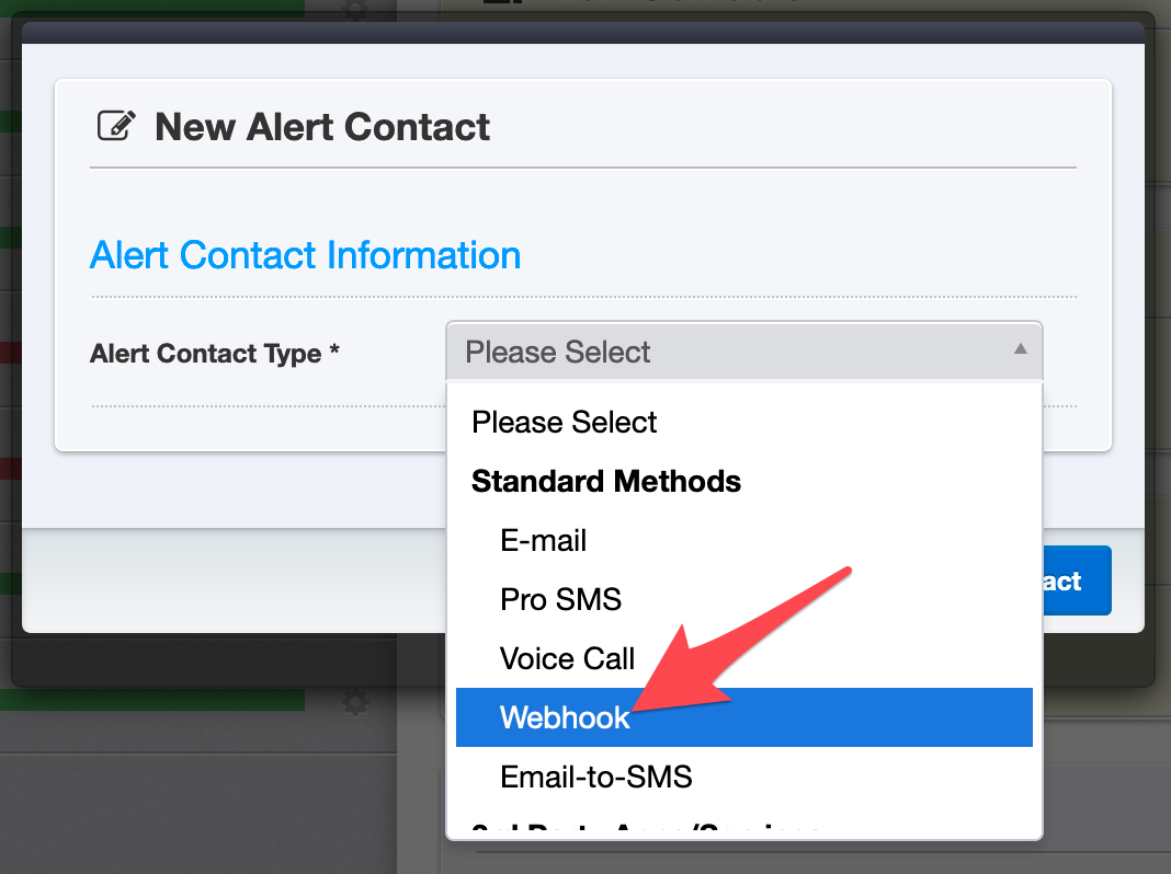 Alert Contact choose webhook type