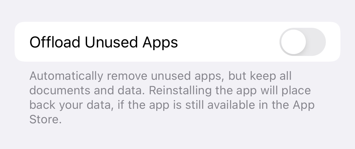 Disable offload unused apps in settings