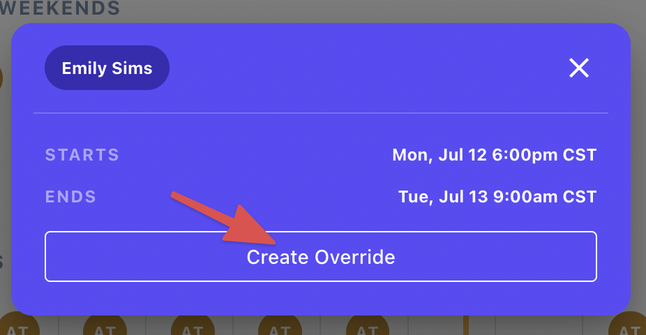 Click Create Override in modal