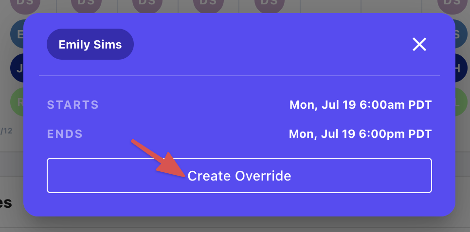 Click Create Override in modal
