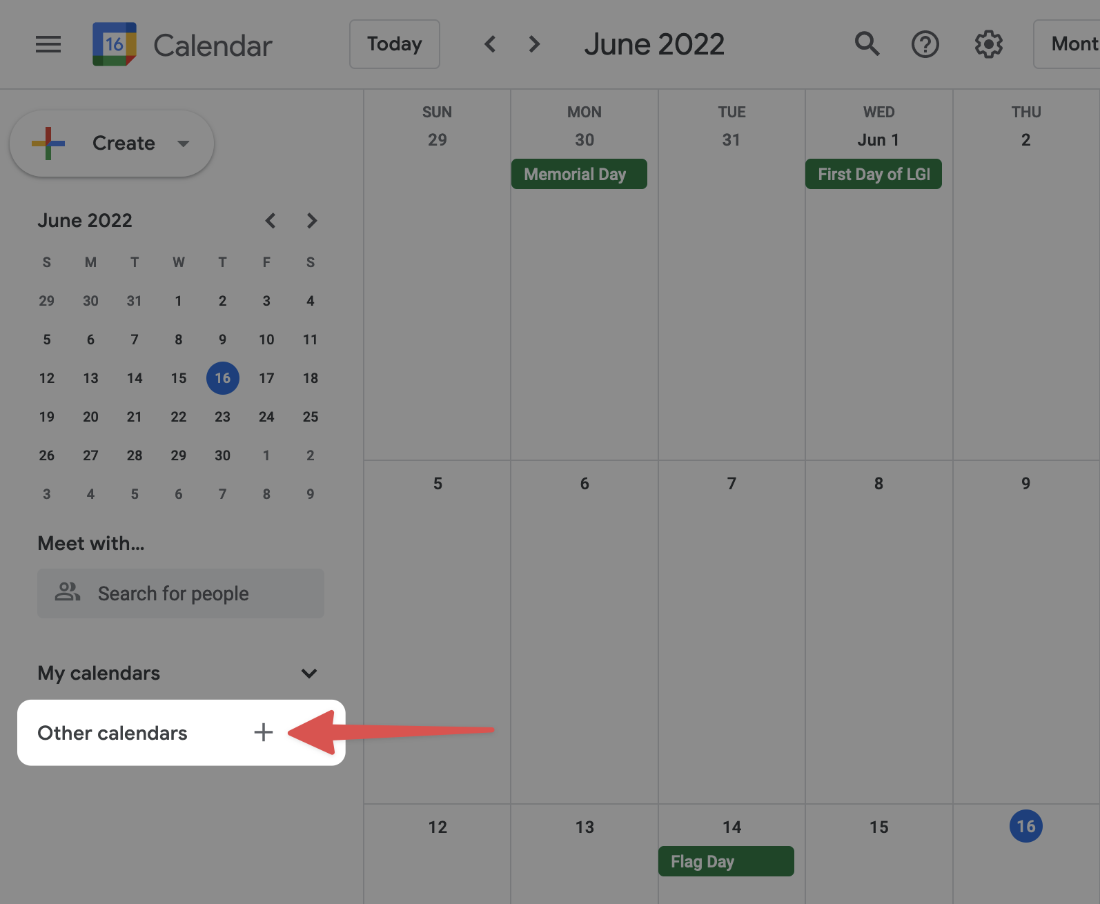 Google Calendar other calendars plus button